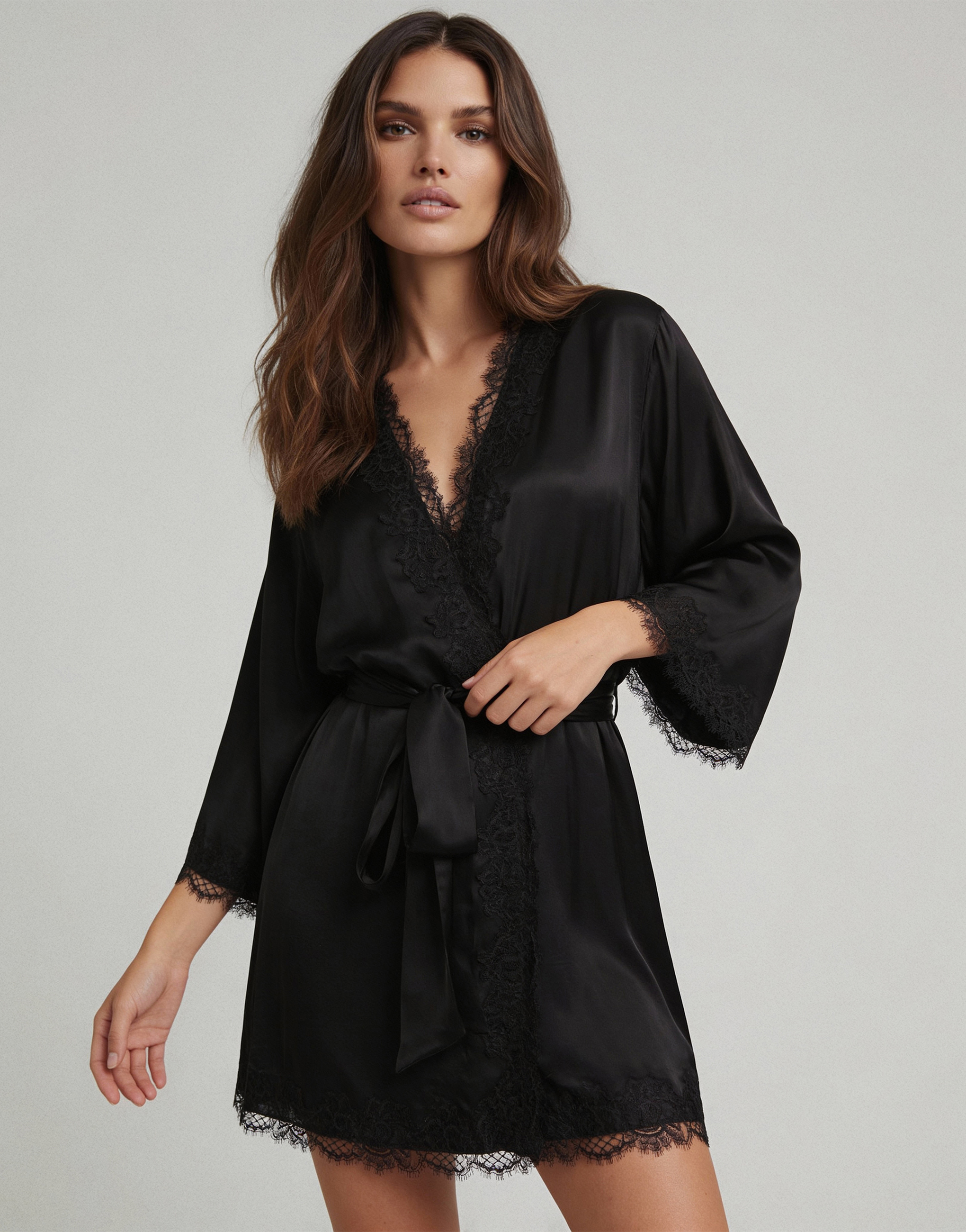 

Халат с рукавами 3/4 PD1218, Пудрово-розовый;черный, Халат с рукавами 3/4 PD1218